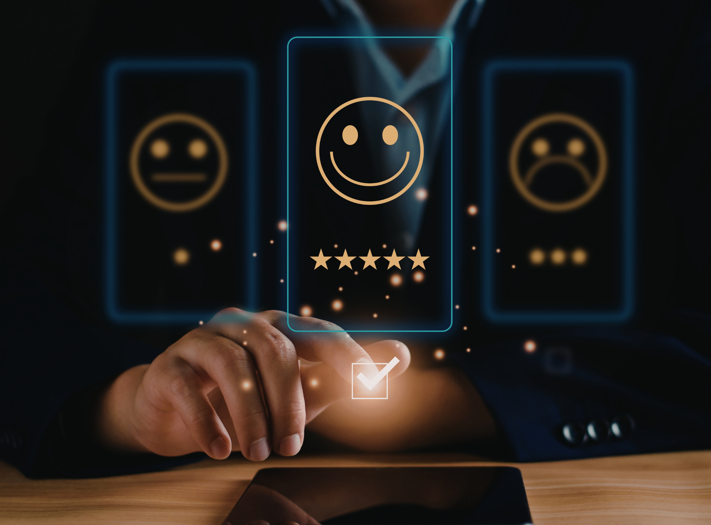 Person holding device deciding to leave a positive negative or neutral review.